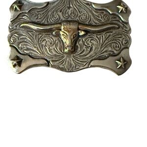 Unbranded VTG Silver gold toneUnisex Western Longhorn starts retro Belt Buckle